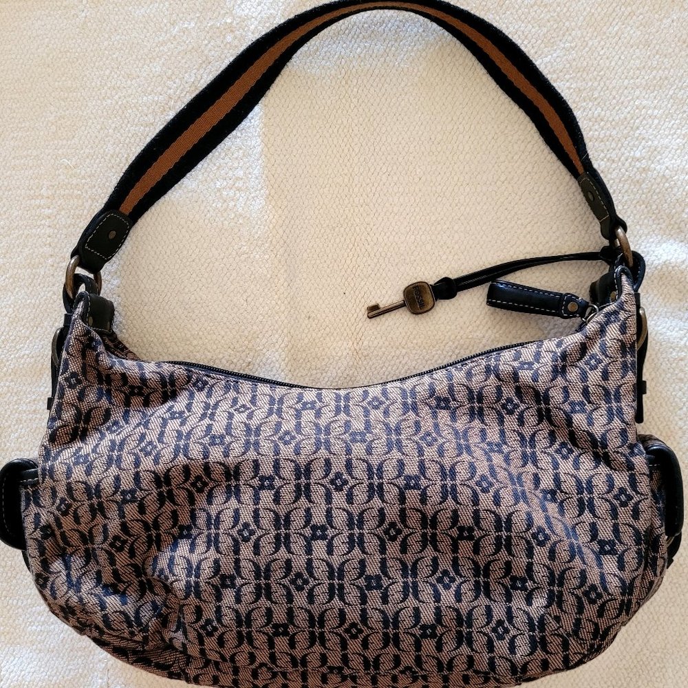 Vintage Fossil Purse Handbag Brown And Tan Cloth With Leather Trim